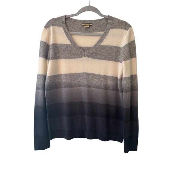 Amicale 100% Cashmere Ombre Striped V-Neck Sweater Soft Luxe Gradient Knit M - Picture 2 of 7